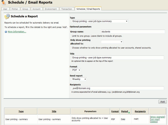 The Scheduled Reports page