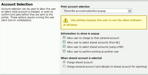 Client popup options defined on a per-user basis