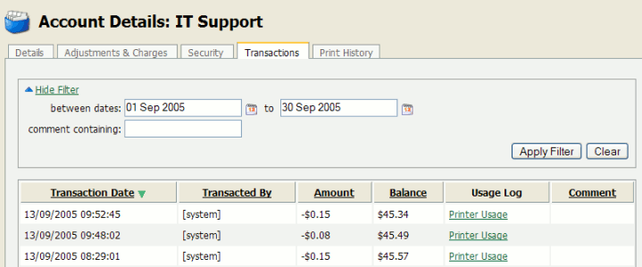 Filters applied to the shared account print log