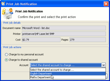 The user client's standard account selection popup