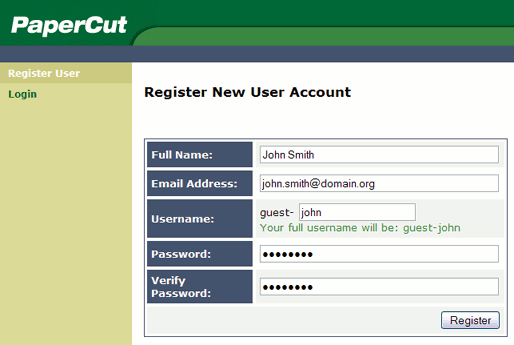 Web based internal user registration interface