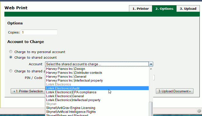 Web Print wizard step 2: account selection options