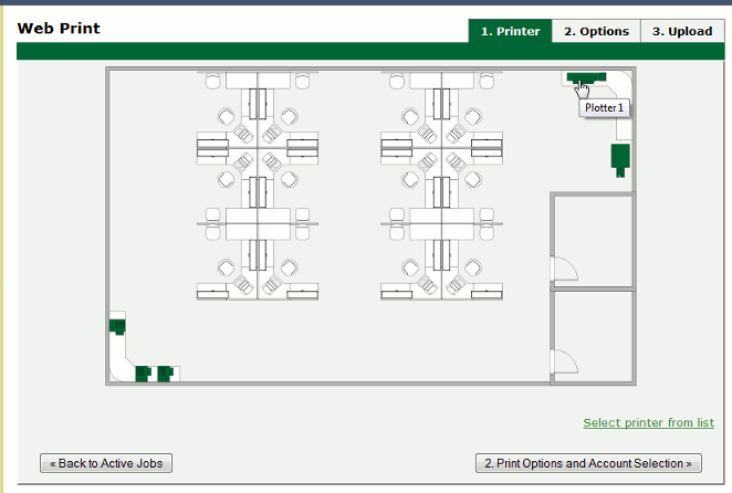 Web Print: printer selection map with a simple floor plan