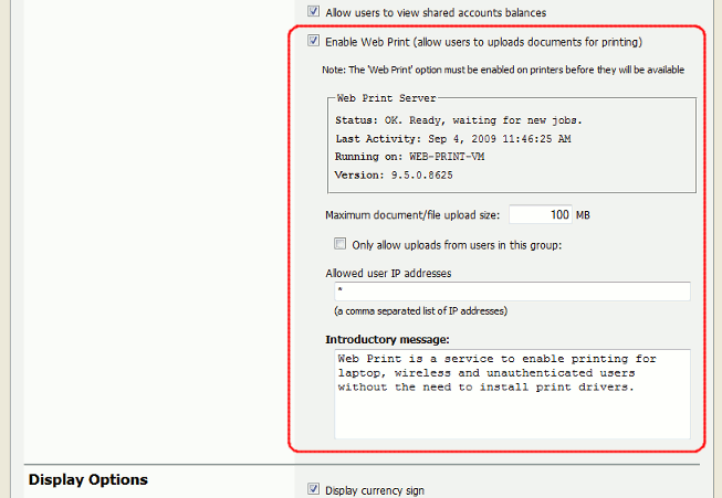Web Print settings in the admin interface