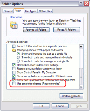 Disable simple file sharing